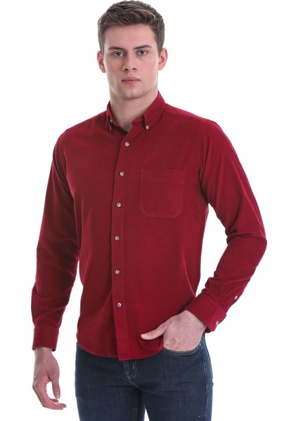 Bordo Slim Fit Düz 100% Pamuklu Düğmeli Yaka Uzun Kollu Klasik Gömlek modelleri