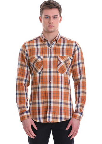 Turuncu Slim Fit Kareli 100% Pamuklu Düğmeli Yaka Uzun Kollu Casual Gömlek
