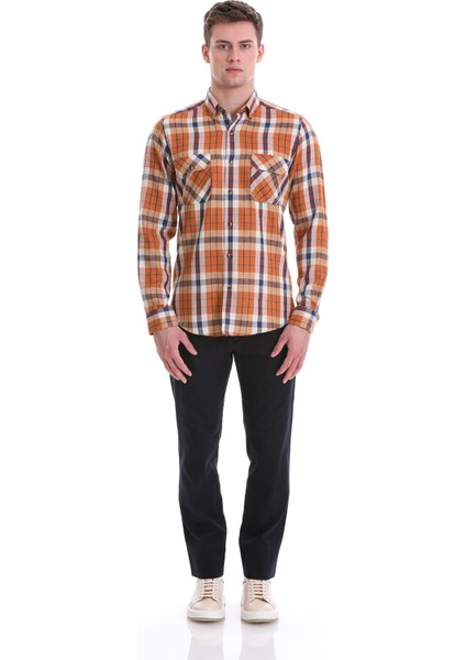 Turuncu Slim Fit Kareli 100% Pamuklu Düğmeli Yaka Uzun Kollu Casual Gömlek fiyatları