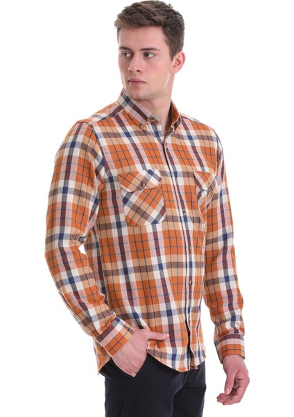 Turuncu Slim Fit Kareli 100% Pamuklu Düğmeli Yaka Uzun Kollu Casual Gömlek modelleri