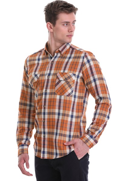 Turuncu Slim Fit Kareli 100% Pamuklu Düğmeli Yaka Uzun Kollu Casual Gömlek fırsatları