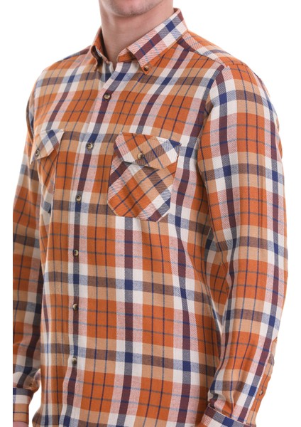 Turuncu Slim Fit Kareli 100% Pamuklu Düğmeli Yaka Uzun Kollu Casual Gömlek indirimleri