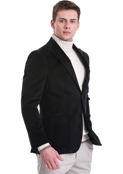 Lacivert Slim Fit Düz Mono Yaka Pamuklu Kadife Ceket