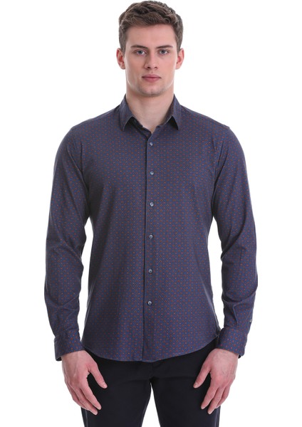 Lacivert Slim Fit Baskılı 100% Pamuklu Slim Yaka Uzun Kollu Baskılı Casual Gömlek