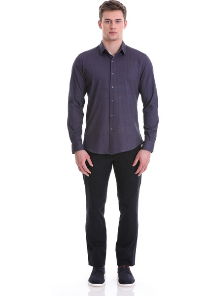 Lacivert Slim Fit Baskılı 100% Pamuklu Slim Yaka Uzun Kollu Baskılı Casual Gömlek