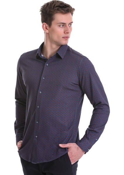 Lacivert Slim Fit Baskılı 100% Pamuklu Slim Yaka Uzun Kollu Baskılı Casual Gömlek