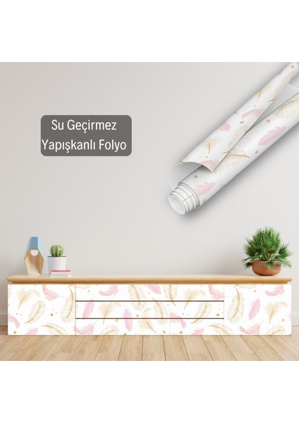 Pembe Kuş Tüyü Desenli Yapışkanlı Folyo, Mutfak, Tezgah, Masa, Dolap Kaplama Folyosu, Isıya Dayanıklı, Su Geçirmez, Yapışkan Folyolar, Sticker, Büyük Ebatlı, Dekoros