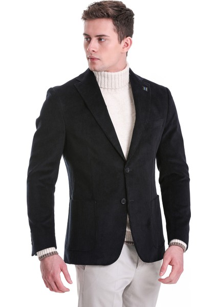 Lacivert Slim Fit Düz Mono Yaka Pamuklu Kadife Ceket