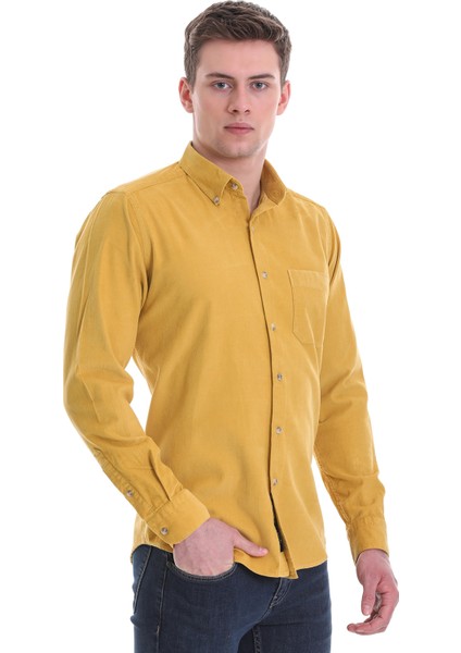 Hardal Slim Fit Düz 100% Pamuklu Düğmeli Yaka Uzun Kollu Klasik Gömlek