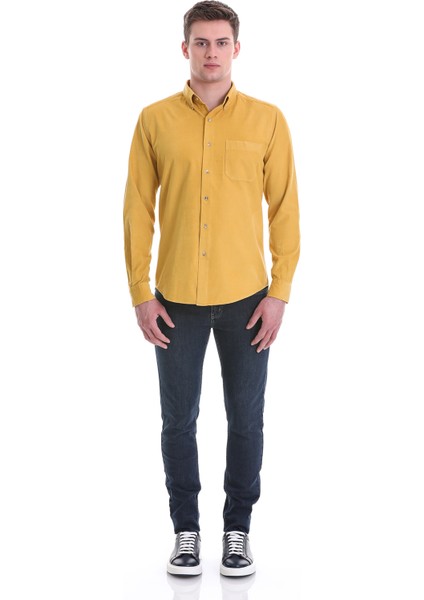 Hardal Slim Fit Düz 100% Pamuklu Düğmeli Yaka Uzun Kollu Klasik Gömlek fiyatları