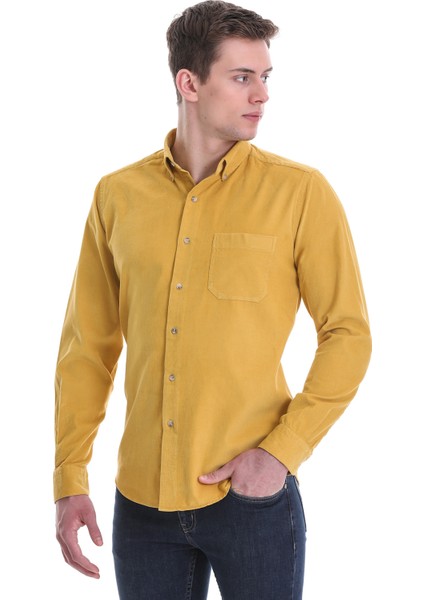 Hardal Slim Fit Düz 100% Pamuklu Düğmeli Yaka Uzun Kollu Klasik Gömlek modelleri