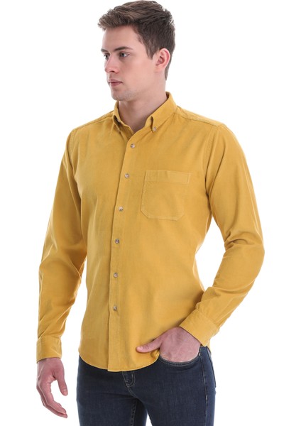 Hardal Slim Fit Düz 100% Pamuklu Düğmeli Yaka Uzun Kollu Klasik Gömlek fırsatları