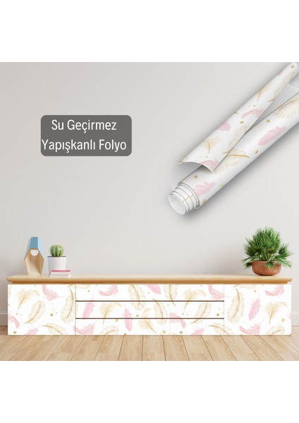 Pembe Kuş Tüyü Desenli Yapışkanlı Folyo, Mutfak, Tezgah, Masa, Dolap Kaplama Folyosu, Isıya Dayanıklı, Su Geçirmez, Yapışkan Folyolar, Sticker, Büyük Ebatlı, Dekoros modelleri