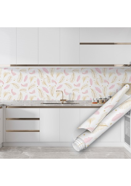 Pembe Kuş Tüyü Desenli Yapışkanlı Folyo, Mutfak, Tezgah, Masa, Dolap Kaplama Folyosu, Isıya Dayanıklı, Su Geçirmez, Yapışkan Folyolar, Sticker, Büyük Ebatlı, Dekoros fırsatları