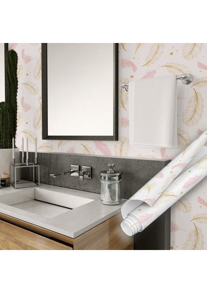Pembe Kuş Tüyü Desenli Yapışkanlı Folyo, Mutfak, Tezgah, Masa, Dolap Kaplama Folyosu, Isıya Dayanıklı, Su Geçirmez, Yapışkan Folyolar, Sticker, Büyük Ebatlı, Dekoros indirimleri
