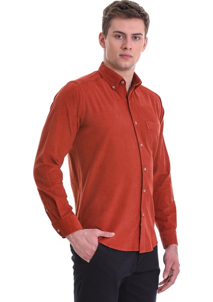 Kiremit Slim Fit Düz 100% Pamuklu Düğmeli Yaka Uzun Kollu Klasik Gömlek
