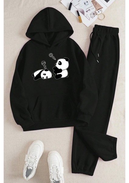 Unisex Uykucu Panda Baskılı Rahat Eşofman Takımı