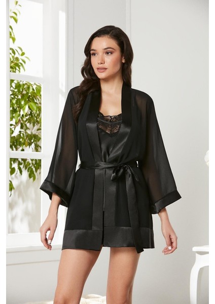 Kadın 2475 3'lü Saten Dantelli Şort ve Şifon Dantelli Sabahlık Takım