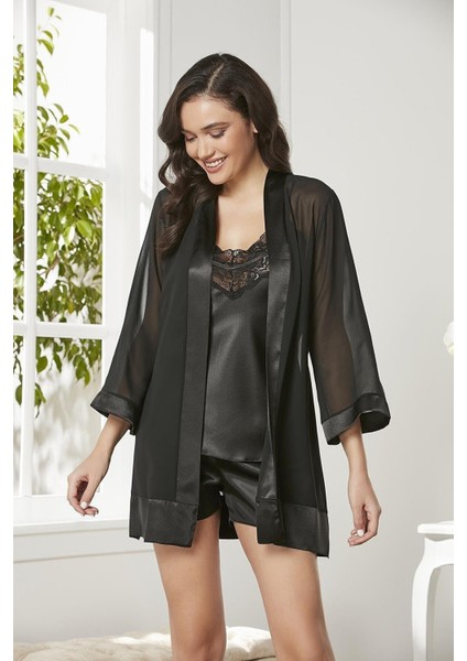 Kadın 2475 3'lü Saten Dantelli Şort ve Şifon Dantelli Sabahlık Takım fiyatları