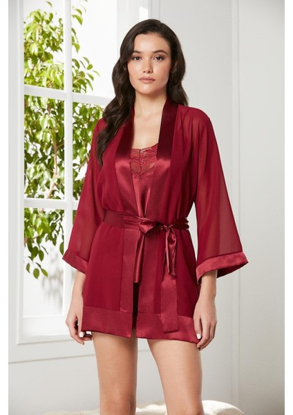 Kadın 2475 3'lü Saten Dantelli Şort ve Şifon Dantelli Sabahlık Takım fiyatları