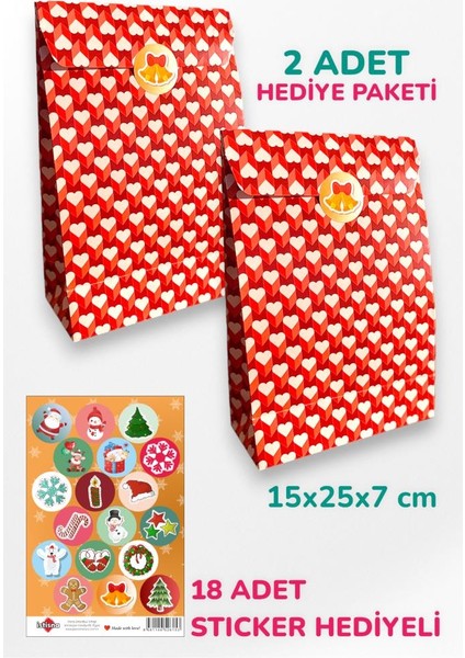 2 Adet Özel Tasarım Yılbaşı Sevgililer Günü Temalı Hediye Paketi Kağıt Torba Sticker Hediyeli
