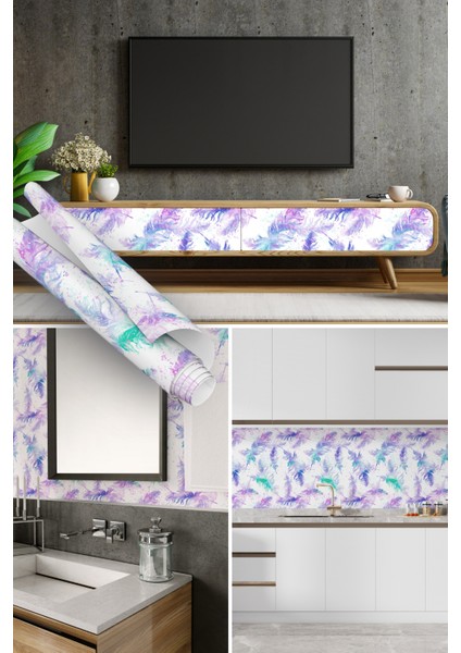 Renkli Kuş Tüyü Desenli Yapışkanlı Folyo, Mutfak, Tezgah, Masa, Dolap Kaplama Folyosu, Isıya Dayanıklı, Su Geçirmez, Yapışkan Folyolar, Sticker, Büyük Ebatlı, Dekoros