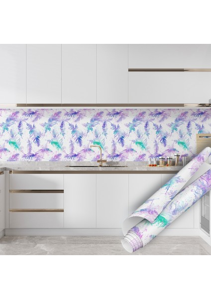 Renkli Kuş Tüyü Desenli Yapışkanlı Folyo, Mutfak, Tezgah, Masa, Dolap Kaplama Folyosu, Isıya Dayanıklı, Su Geçirmez, Yapışkan Folyolar, Sticker, Büyük Ebatlı, Dekoros modelleri