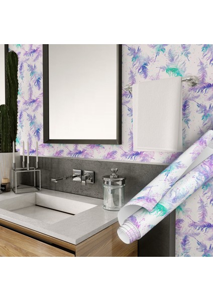 Renkli Kuş Tüyü Desenli Yapışkanlı Folyo, Mutfak, Tezgah, Masa, Dolap Kaplama Folyosu, Isıya Dayanıklı, Su Geçirmez, Yapışkan Folyolar, Sticker, Büyük Ebatlı, Dekoros indirimleri