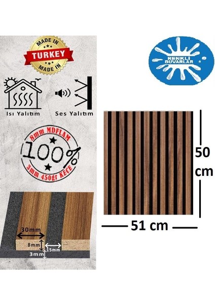 50X50CM Yalıtım Akustik Duvar Paneli 3mm Keçe ve 8mm Mdflam Salon Ofis Duvar Çıtası 2689 Lambiri
