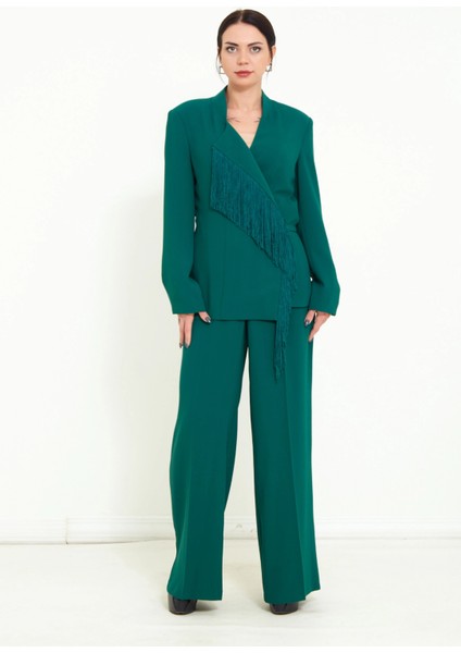 Kadın Pantolon Uzun Kollu Ceket Püskül Detaylı Şık Ikili Takım