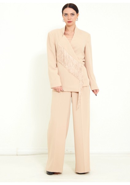 Kadın Pantolon Uzun Kollu Ceket Püskül Detaylı Şık Ikili Takım