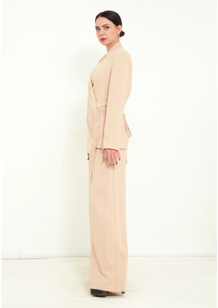 Kadın Pantolon Uzun Kollu Ceket Püskül Detaylı Şık Ikili Takım fiyatları