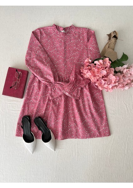 Küçüğüm Butik Pembe Poplin Fırfır Yakalı Tunik