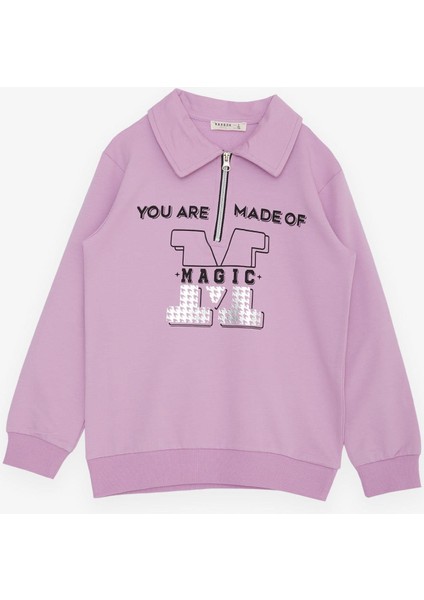 Kız Çocuk Sweatshirt Magıc Yazı Baskılı Yarım Fermuarlı Polo Yaka 8-14 Yaş, Lila