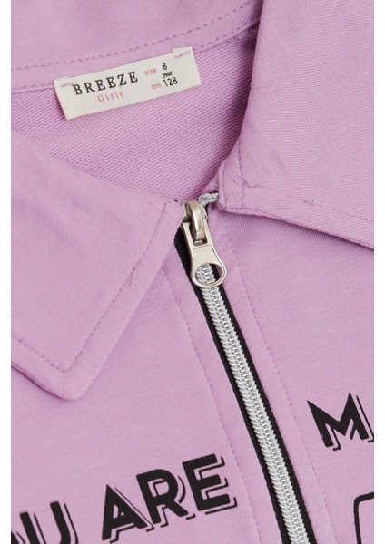 Kız Çocuk Sweatshirt Magıc Yazı Baskılı Yarım Fermuarlı Polo Yaka 8-14 Yaş, Lila