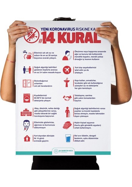 Koronavirüse Karşı 14 Kural Afişi Kendinden Yapışkanlı Folyo 35X50