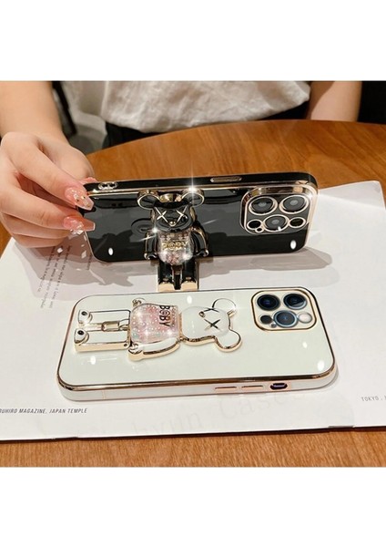Iphone 14 Glossy Yumuşak Ayıcıklı Boncuklu Stantlı Kapak modelleri