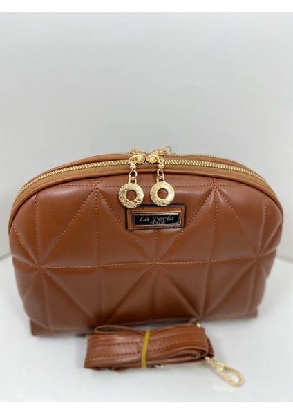 Kahverengi Kadın Yumuşak Deri Kapitone Gold Çift Fermuarlı Spor Şık Çapraz Kadın Omuz Çantası