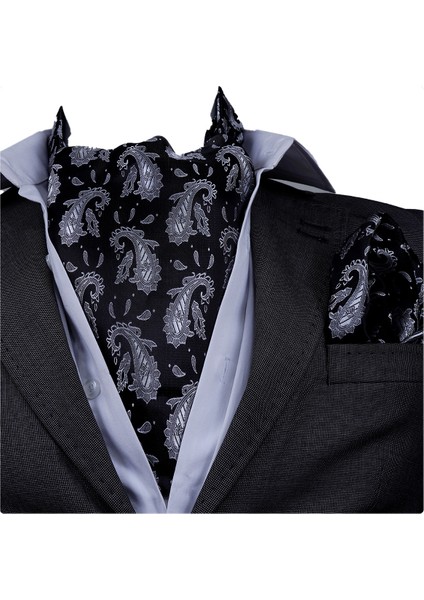 Siyah Üzerine Gri Şal Desen Mikro Elegant Fular Mendil Seti