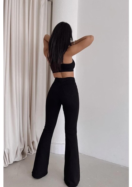 Vanessa Yüksek Bel Likralı Simsiyah Ispanyol Flare Jeans Pantolon fırsatları