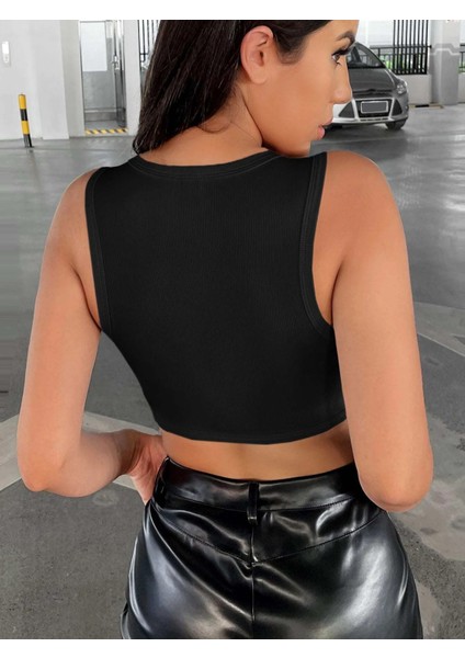 Kadın Siyah Bisiklet Yaka Asimetrik Crop Top Büstiyer