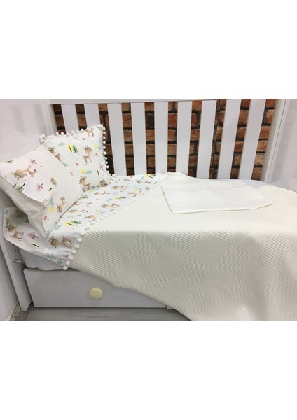 Buse Baby Home Krem , Çocuk Çok Amaçlı Poplin ,pikeli ve Ponponlu Nevresim Takımı 6'lı Set