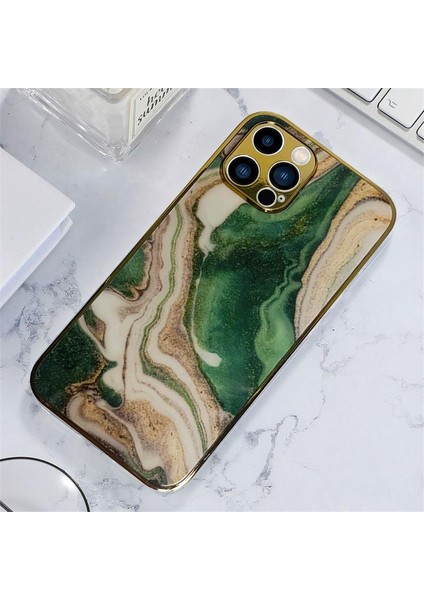 Apple Iphone 13 Pro Max Marble Parlak Mermer Desenli Cam Telefon Kılıfı