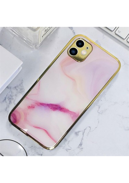Apple iPhone 11 Marble Parlak Mermer Desenli Cam Kare Telefon Kılıfı