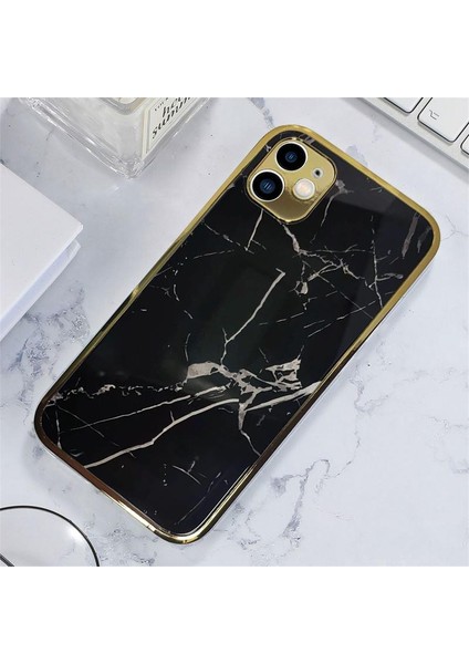 Apple iPhone 11 Marble Parlak Mermer Desenli Cam Kare Telefon Kılıfı