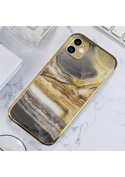 Apple iPhone 11 Marble Parlak Mermer Desenli Cam Kare Telefon Kılıfı