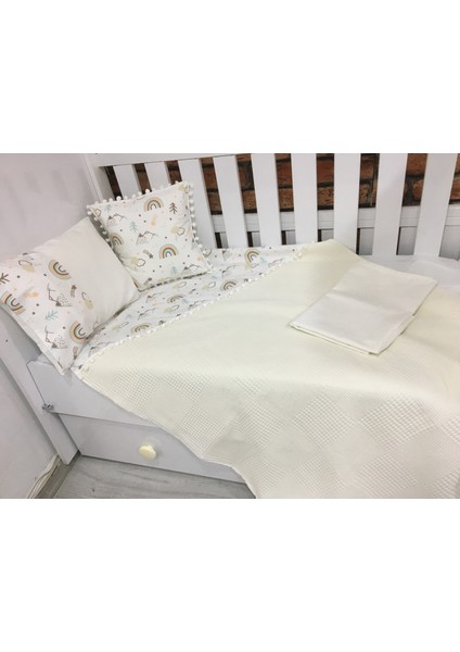 Buse Baby Home Krem , Çocuk Çok Amaçlı Poplin , Pikeli ve Ponponlu Nevresim Takımı 6'lı Set