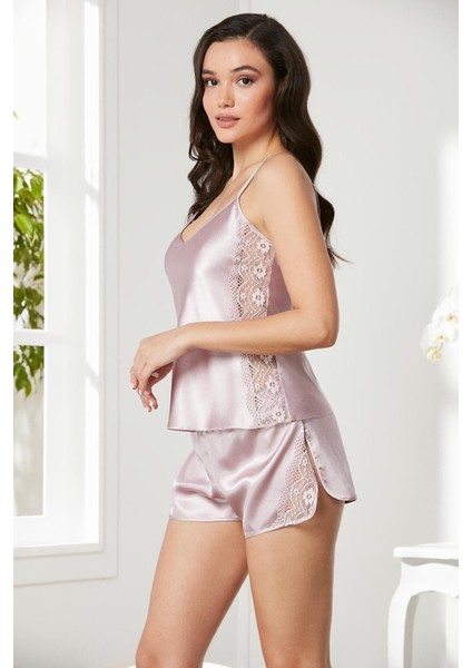 Kadın 438 Saten Dantelli Şort Babydoll Takım