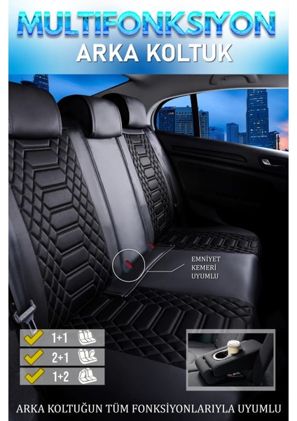 Dacia Duster Uyumlu Lüks Deri Oto Koltuk Kılıfı Ön-Arka Set Max Series (Siyah)