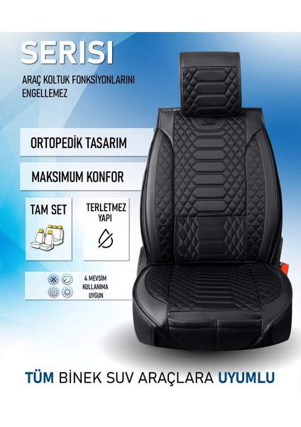 Dacia Duster Uyumlu Lüks Deri Oto Koltuk Kılıfı Ön-Arka Set Max Series (Siyah)